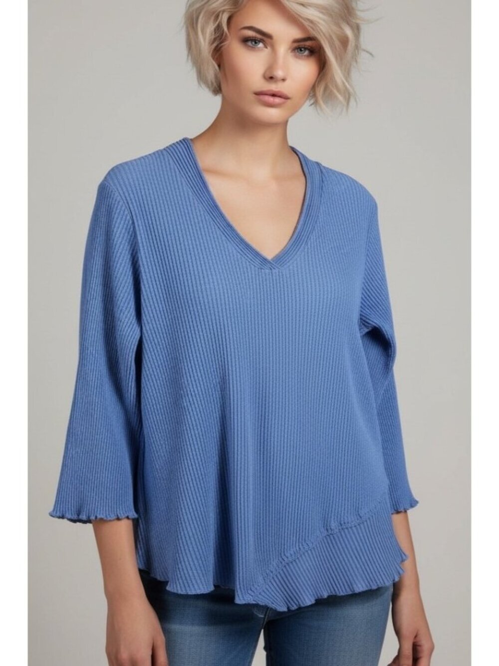 Fenini Blue Ribbed Tunic Top Asymmetrical Hem Cotton Relaxed Fit Size XL